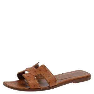 Hermes Brown Ostrich Leather Oran Flats Size 39