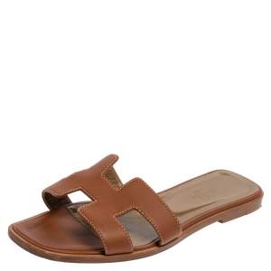 Hermes Brown Leather Slip On Oran Sandals Size 37