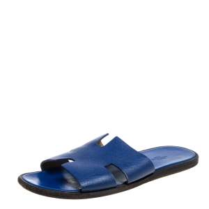 Hermes Blue Leather Izmir Slide Sandals Size 43