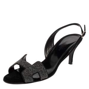 Hermes Black Suede And Glitter Night Slingback Sandals Size 37.5