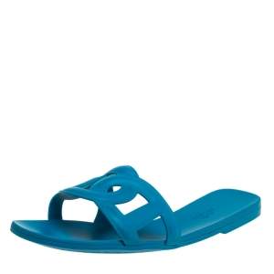 Hermes Blue Rubber Omaha Slide Sandals Size 39