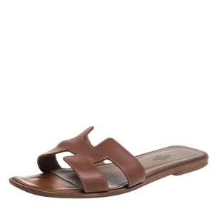 Hermes Brown Leather Oran Sandals Size 40