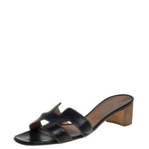 Hermes Black Leather Oasis  Sandals Size 40.5