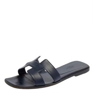 Hermes Blue Leather Oran Flat Sandals Size 40.5