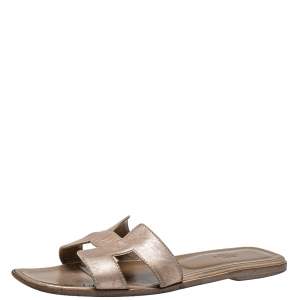 Hermes Metallic Gold Leather Oran Flat Sandals Size 40