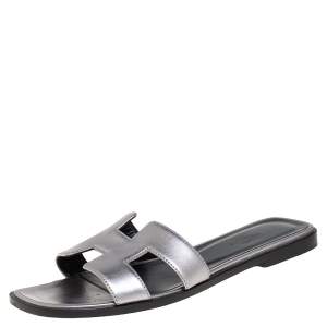 Hermes Silver Leather Oran Sandals Size 37