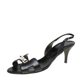 Hermes Black Leather Studded Night Slingback Sandals Size 40.5