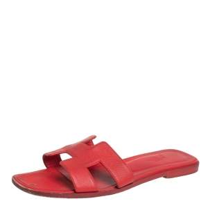 Hermès Red Leather Oran Slide Sandals Size 39