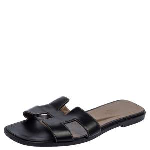 Hermes Black Leather Oran Flat Sandals Size 37