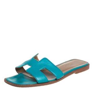 Hermes Blue Leather Oran Flat Sandals Size 37 