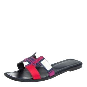 Hermes Multicolor Printed Canvas Oran Flat Slides Size 41
