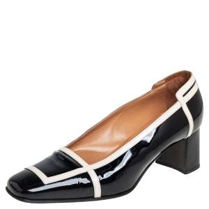 Hermes Black/Cream Patent Leather Square Toe Block Heel Pumps Size 35.5