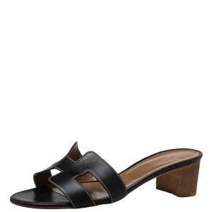 Hermes Black Leather Oasis Slide Sandals Size 38