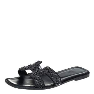 Hermes Black Glitter Suede Embellished Oran Flat Slides Size 40