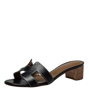 Hermes Black Leather Oasis Sandals Size 35.5