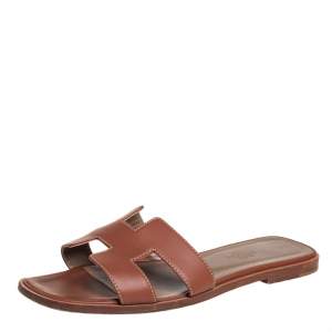 Hermes Brown Leather Oran Slip On Flat Sandals Size 38