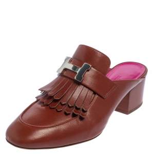 Hermés Brown Leather Tuileries Fringe Mules Size 35