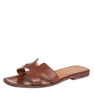 Hermes Brown Leather Oran Flat Slides Size 36.5