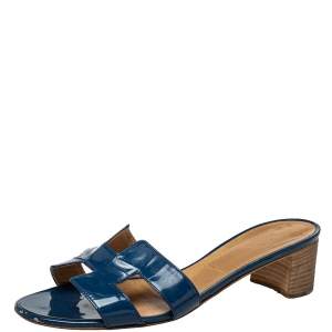 Hermès Blue Patent Leather Oasis Slide Sandals Size 40
