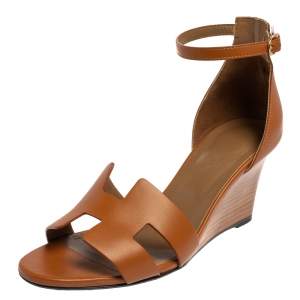 Hermes Brown Leather Legend Ankle Strap Wedge Sandals Size 39