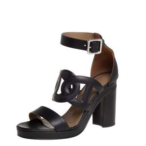 Hermes Black Leather Block Heels Ankle Strap Sandals Size 38