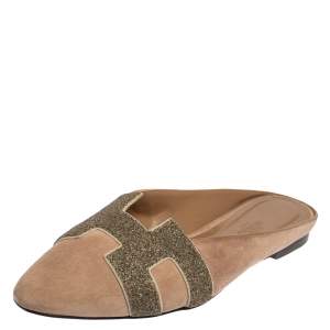 Hermes Beige Suede Roxane Flat Mule Sandals Size 40