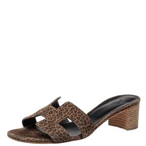 Hermès Brown Suede Leopard Print  Oasis  Sandals Size 39
