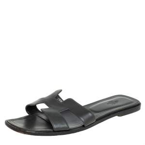Hermés Grey Leather Oran Flat Slides Size 41.5 