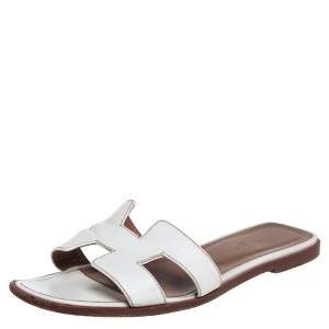 Hermes White Leather Oran Flats Sandals Size 39.5