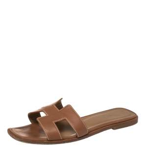Hermes Brown Leather Oran Flat Sandals Size 37