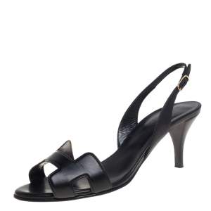 Pre Owned Hermes Black Leather Night Sandals Size 37.5