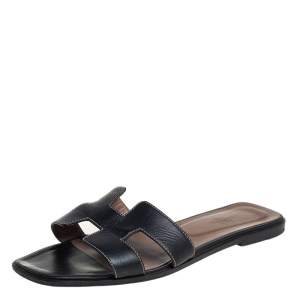 Pre Owned Hermes Black Leather Oran Flat Slides Size 41