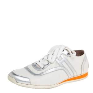 Hermes White Nylon And Silver Leather Low Top Sneakers Size 38