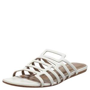 Hermés White Leather Olympe Flat Slides Size 37