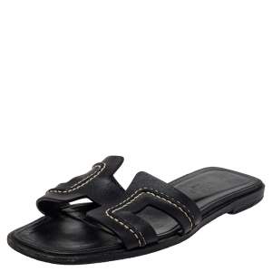 Hermes Black Leather Oran Stitched Flat Slide Size 35.5