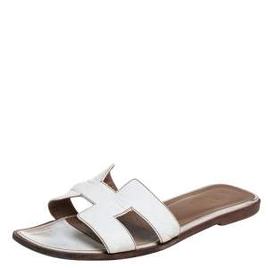 Hermes White Leather Oran Flats Size 39