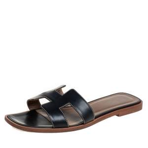 Hermes Black Leather Oran Sandals Size 38