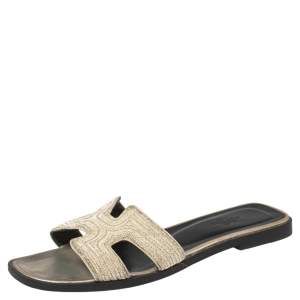 Hermes White Embroidered Fabric Oran Sandals Size 37.5