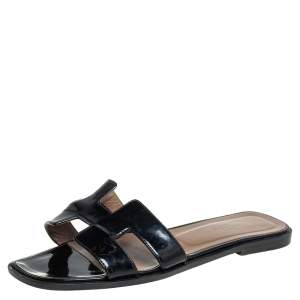 Hermes Black Patent Leather Oran Flat Slides Size 39.5