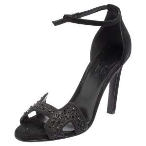 Hermes Black Suede And Crystal Embellished Premiere Ankle Strap Sandals Size 37