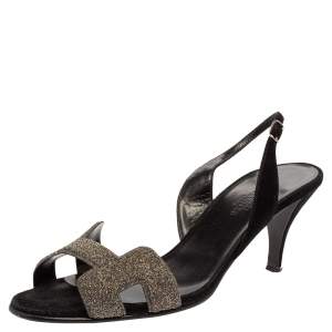 Pre Owned Hermes Silver Glitter And Black Suede Night Slingback Sandals Size 38