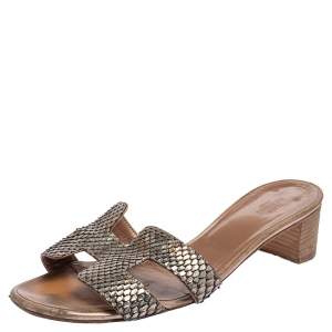Hermes Metallic Python Leather Oasis Slide Sandals Size 39.5