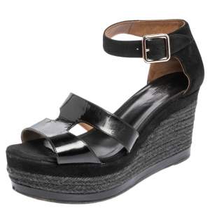 Hermes Black Patent Leather And Suede Ilana Espadrille Wedge Sandals Size 39
