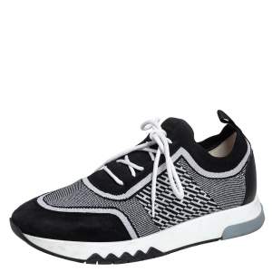Hermes Black/White Suede And Knit Fabric Addict Sneakers Size 37