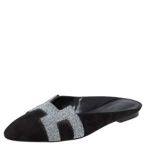 Hermès  Black Suede Roxane  Mule Sandals Size 38
