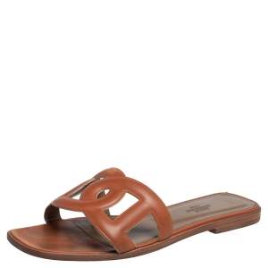 Pre Owned Hermès Brown Leather Aloha Flat Slides Size 37
