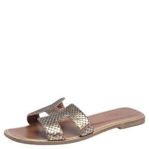Hermes Metallic Gold Python Leather Oran Sandals Size 39.5