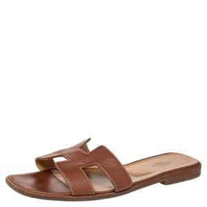 Hermes Brown Leather Oran Flat Sandals Size 39.5