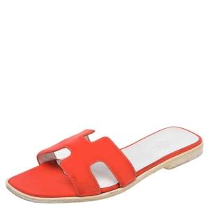 Hermes Orange/White Fabric Oran Flat Sandals Size 39.5