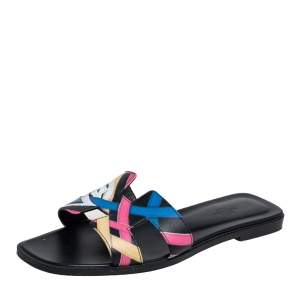 Hermes Black Cavalcadour Print Leather Oran Flat Sandals Size 38.5
